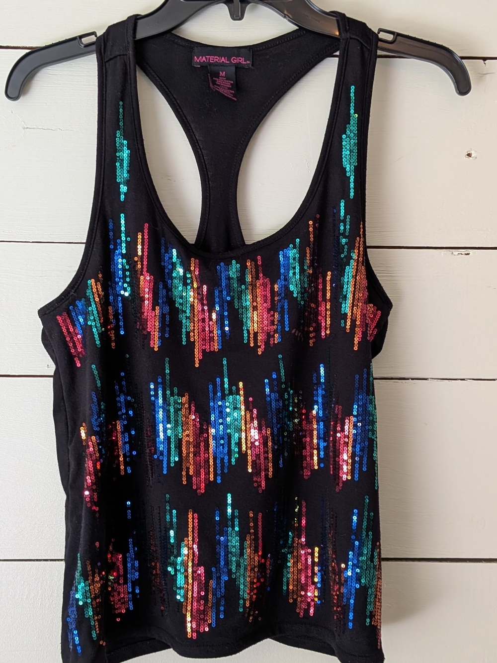 Material Girl Black Sequin Racerback Tank with Multicolor Shine